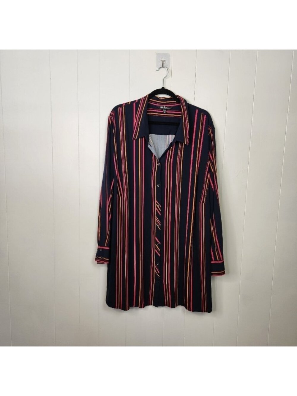 Ulla Popken Button Up Long Sleeve Blouse Tunic Long Shirt Navy Pink Stripe 28 30